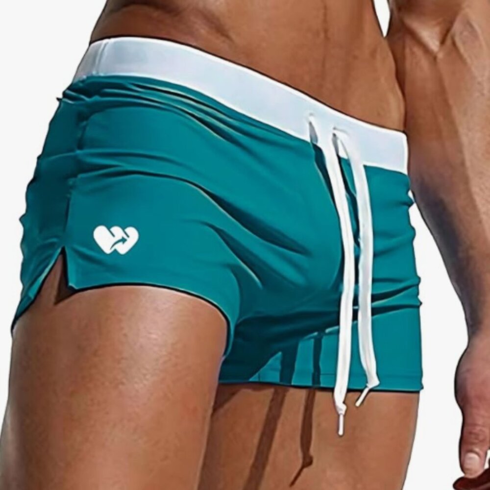 Men's Sexy Swim Trunks With Zippered Back Pocket Resort Wear Pool Peacock Teal L